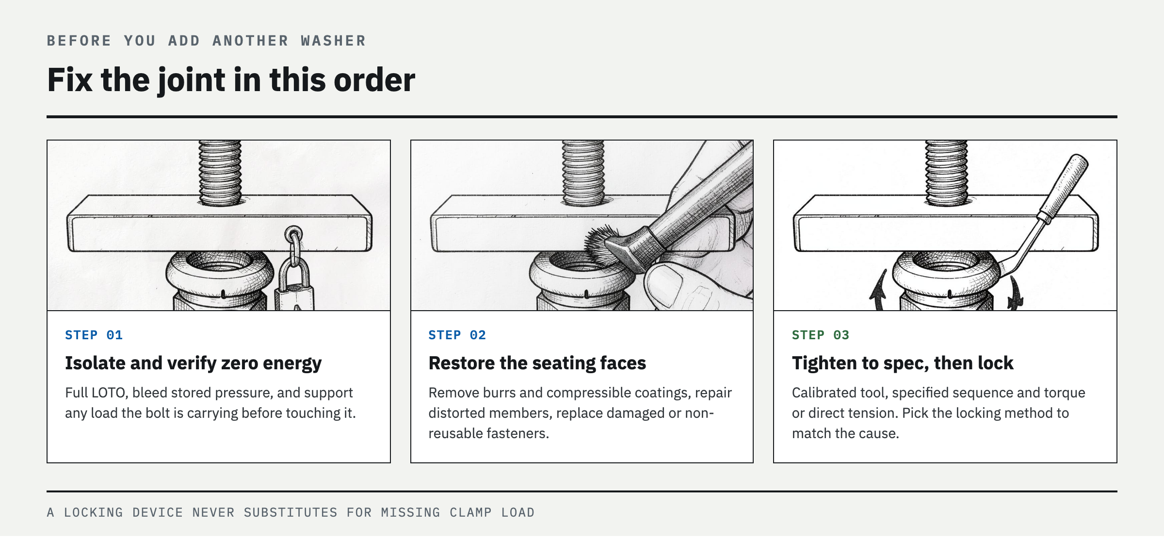 Corrective procedure — restore the fastening conditions, then select the right locking method
