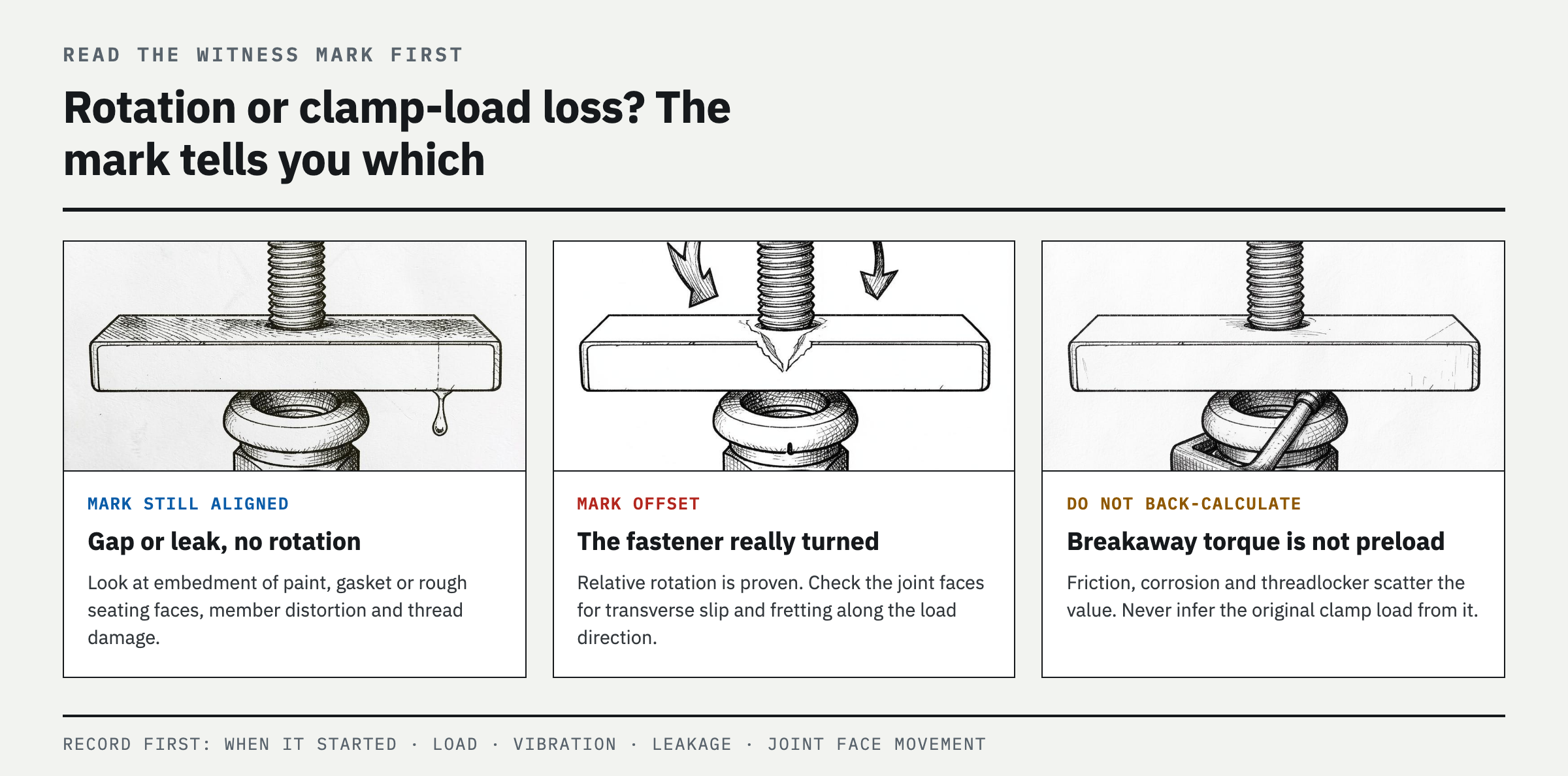 Confirm the symptom — distinguish bolt rotation from clamp-load loss first
