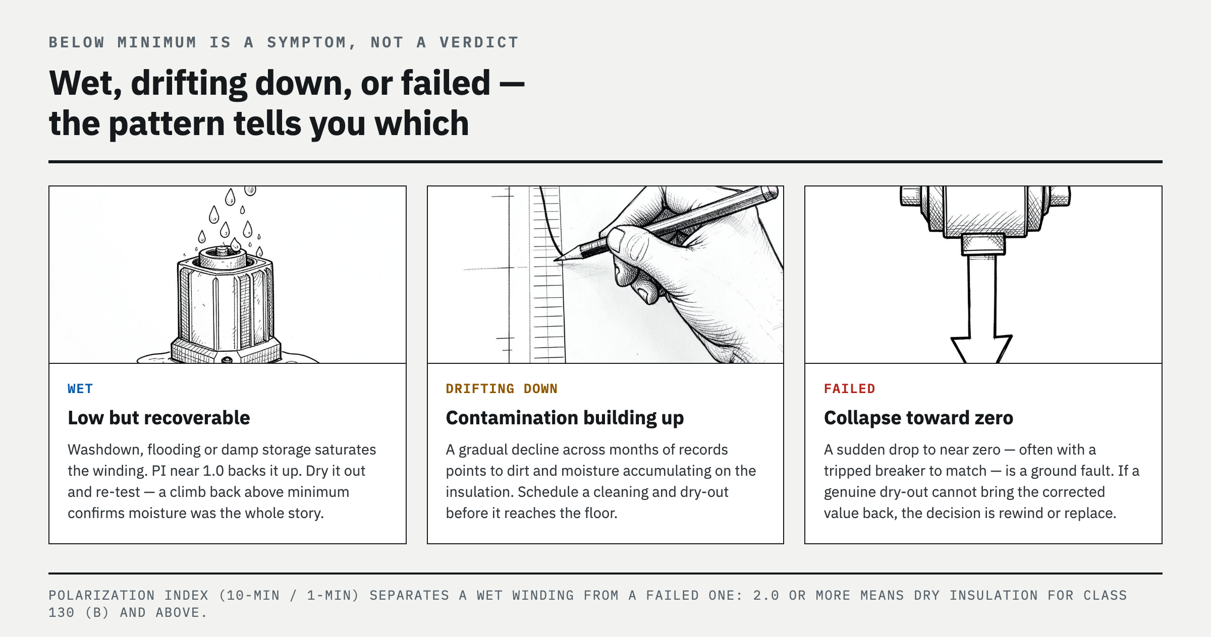 A low reading means wet, dirty, or failed — the pattern tells you which