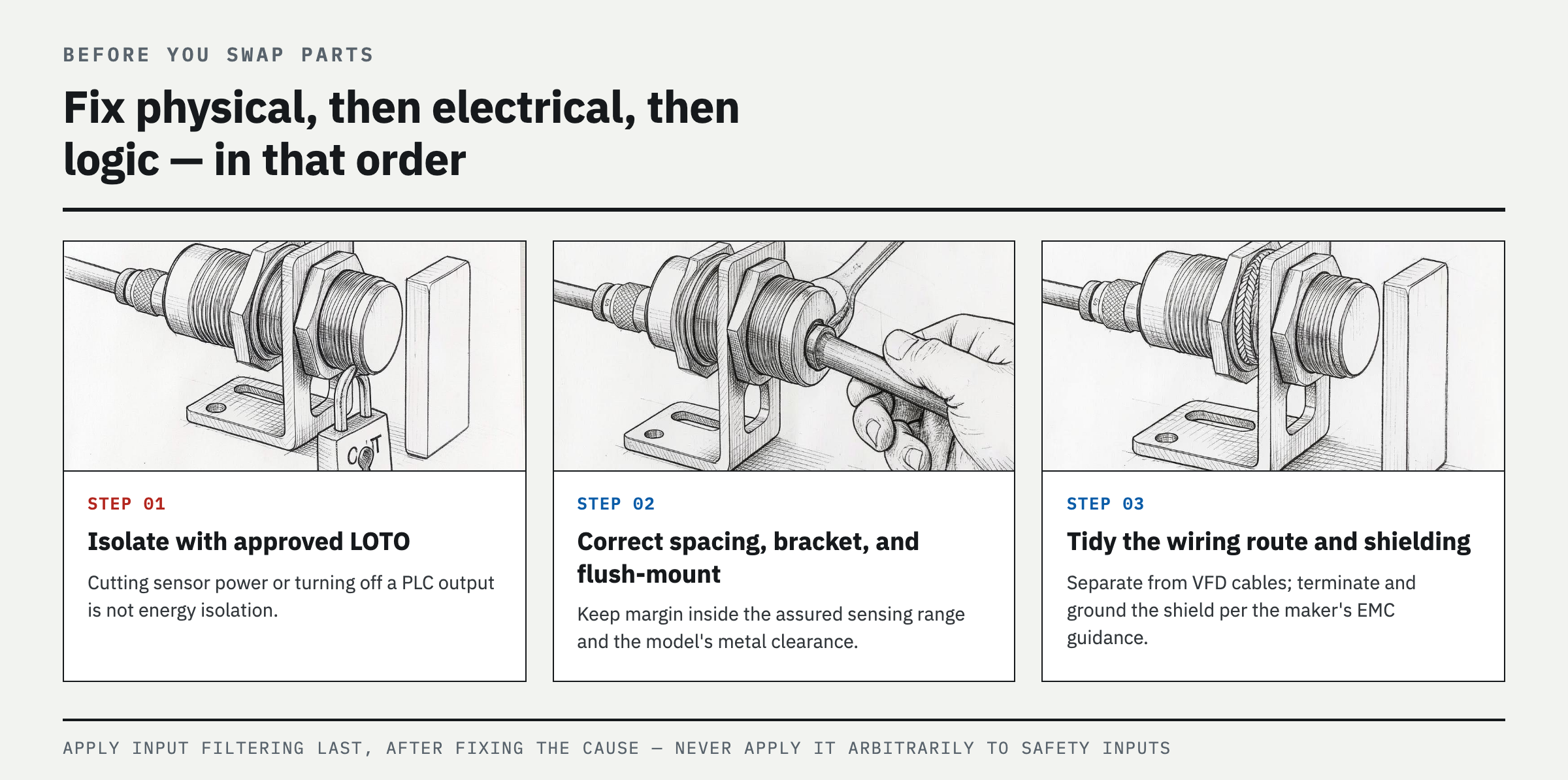 Corrective procedure — fix physical conditions first, then electrical conditions and logic