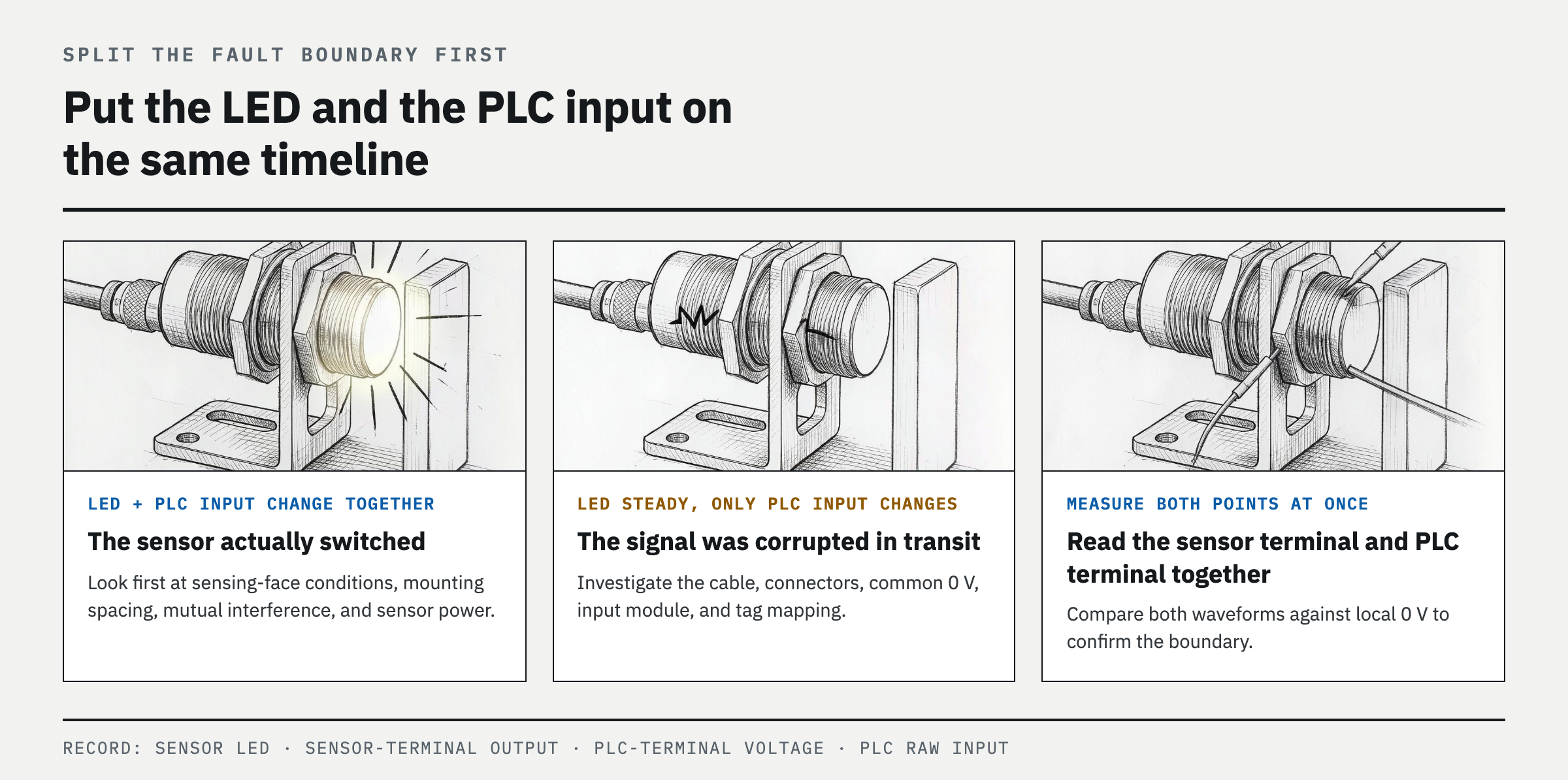 Confirm the symptom — do the sensor LED and PLC input change together?